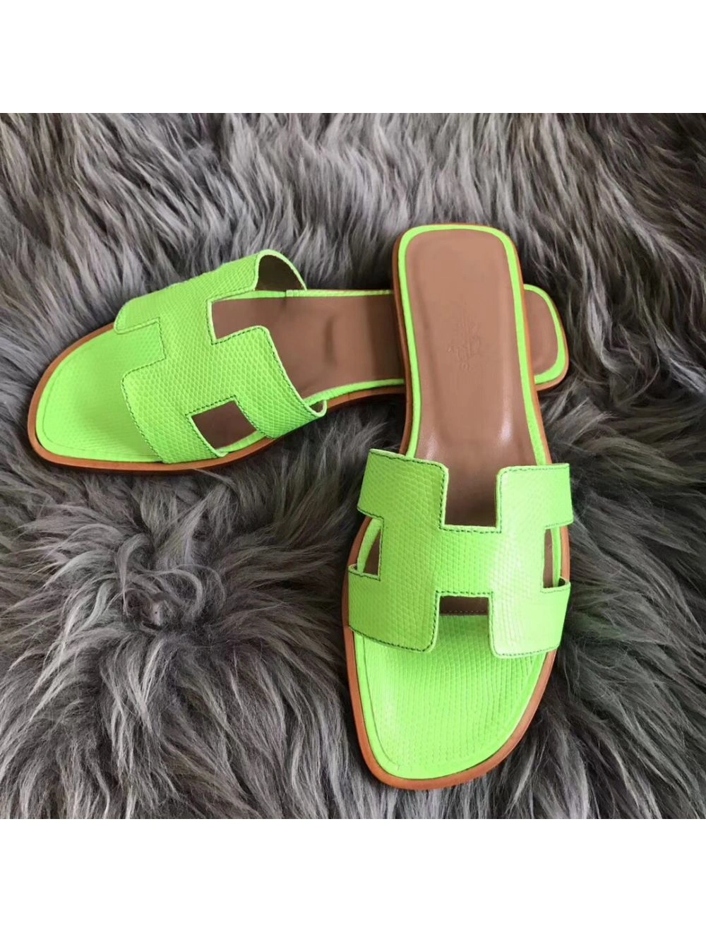 Hermes Oran Sandals In Apple Green Lizard Leather