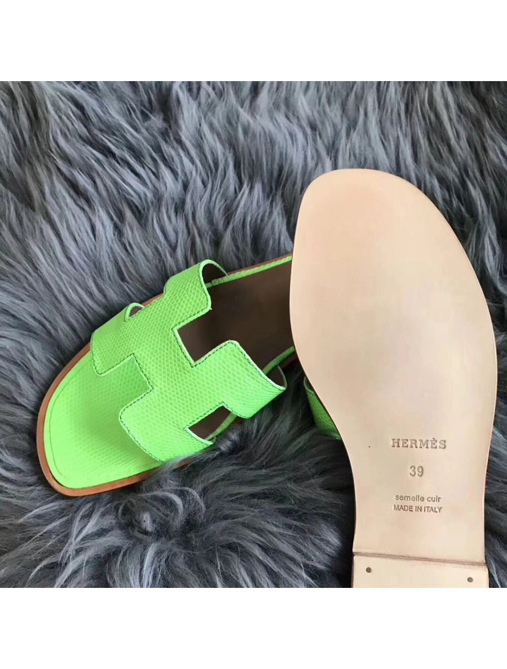 Hermes Oran Sandals In Apple Green Lizard Leather