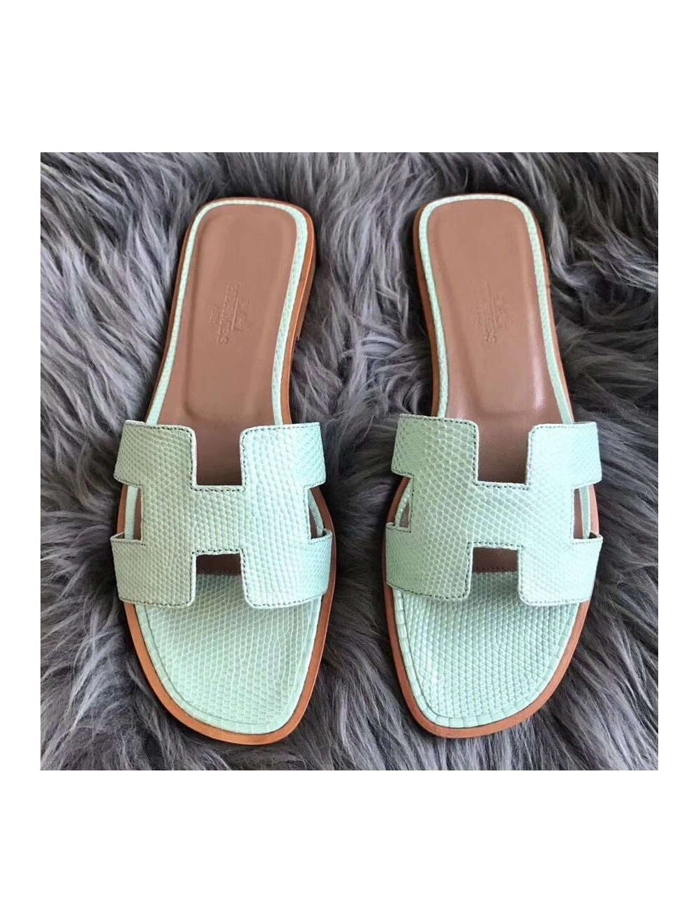 Hermes Oran Sandals In Aqua Lizard Leather