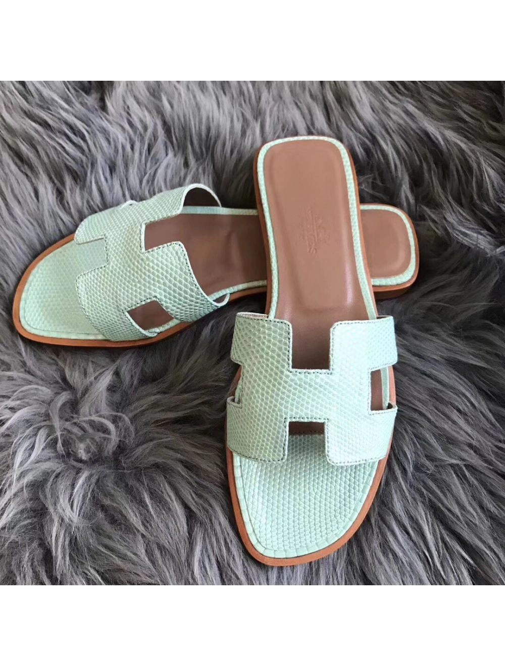Hermes Oran Sandals In Aqua Lizard Leather