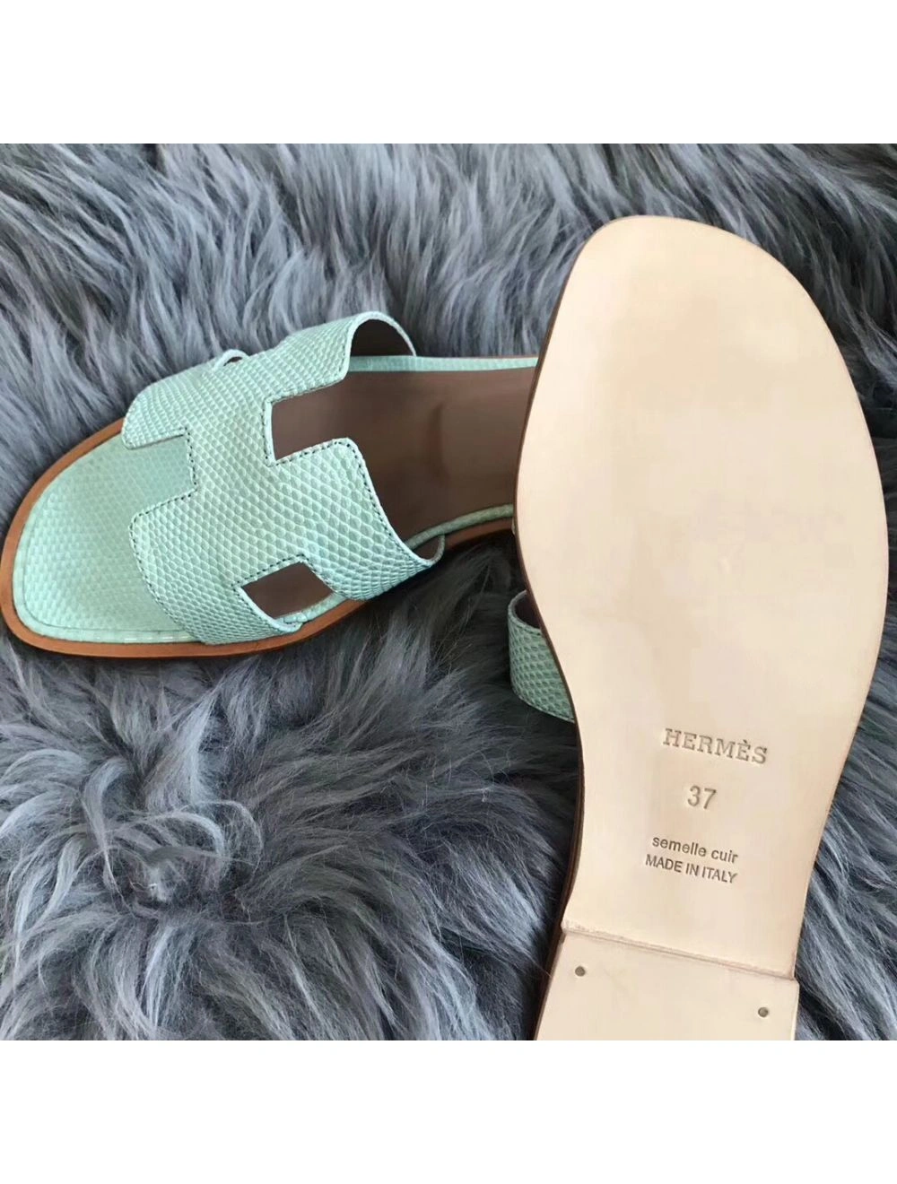 Hermes Oran Sandals In Aqua Lizard Leather