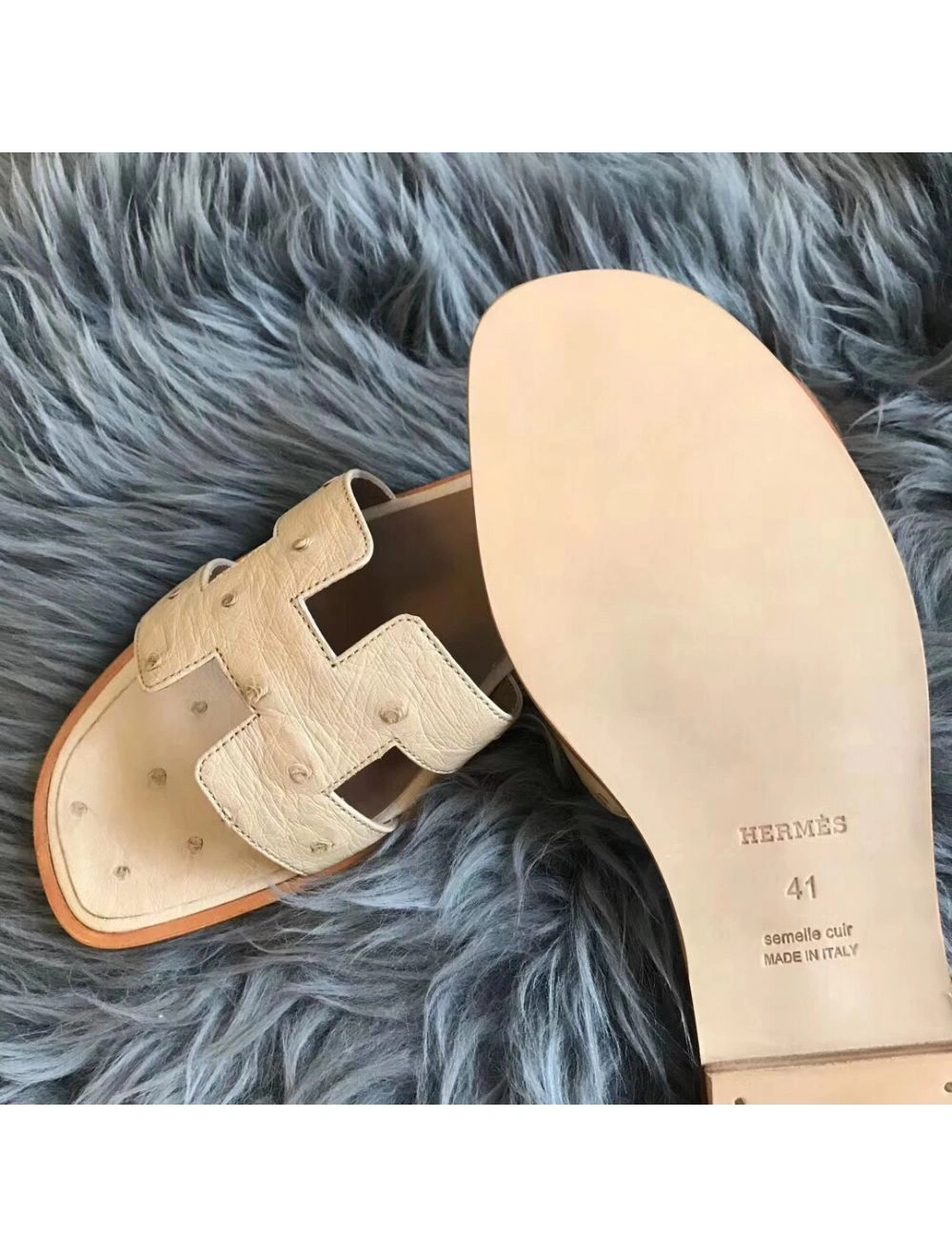 Hermes Oran Sandals In Beige Ostrich Leather