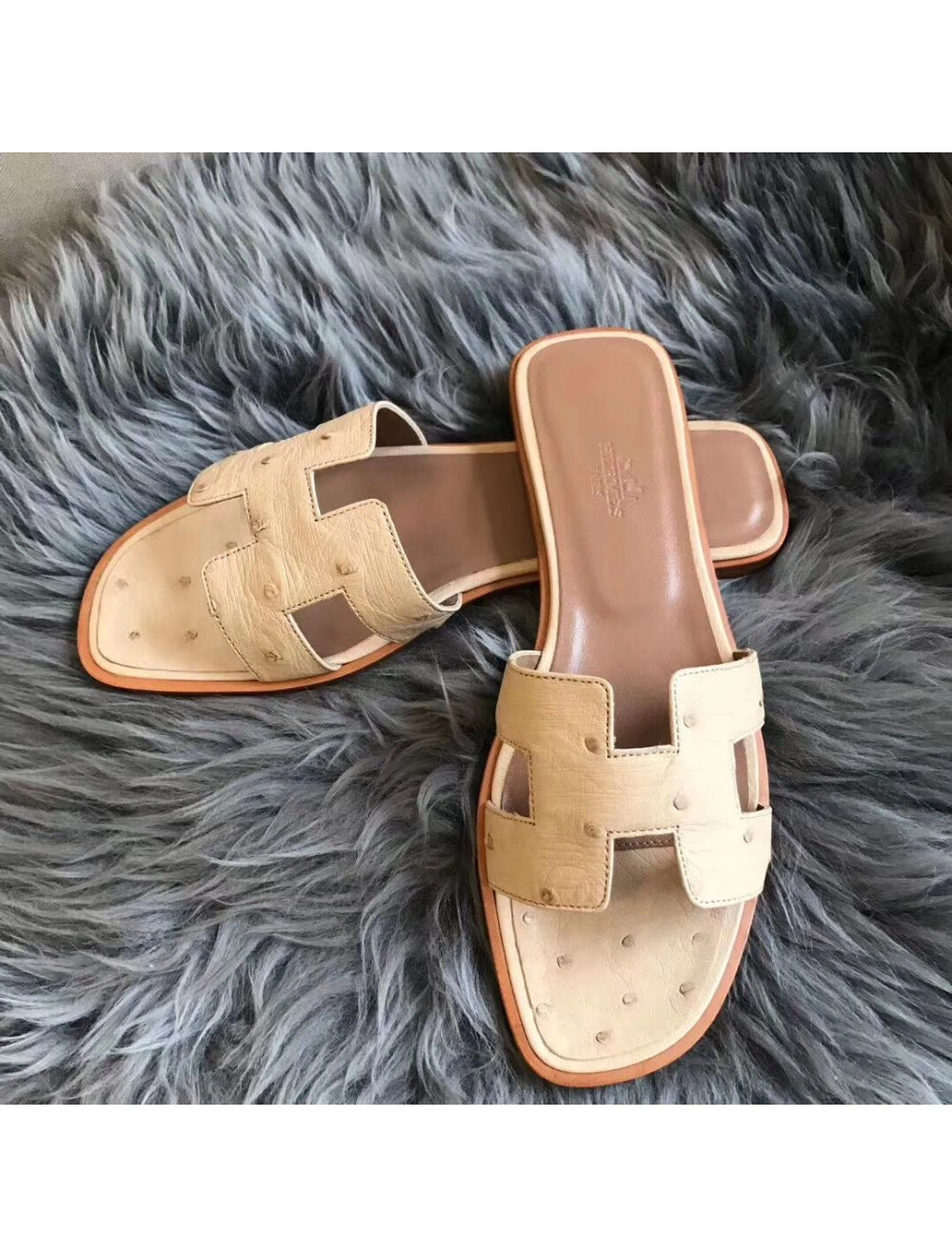 Hermes Oran Sandals In Beige Ostrich Leather