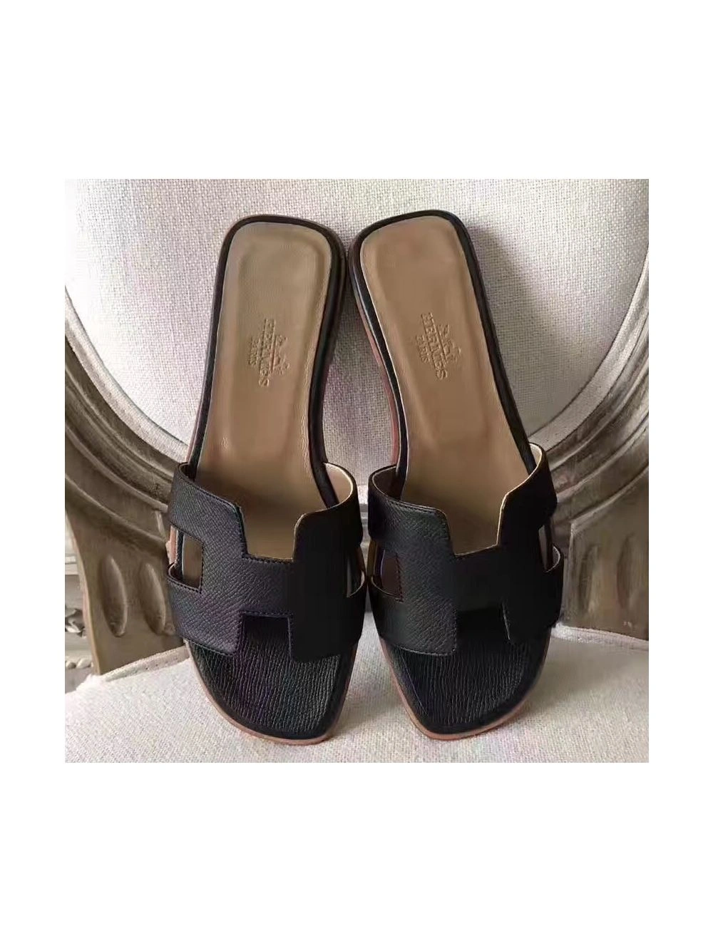 Hermes Oran Sandals In Black Epsom Leather