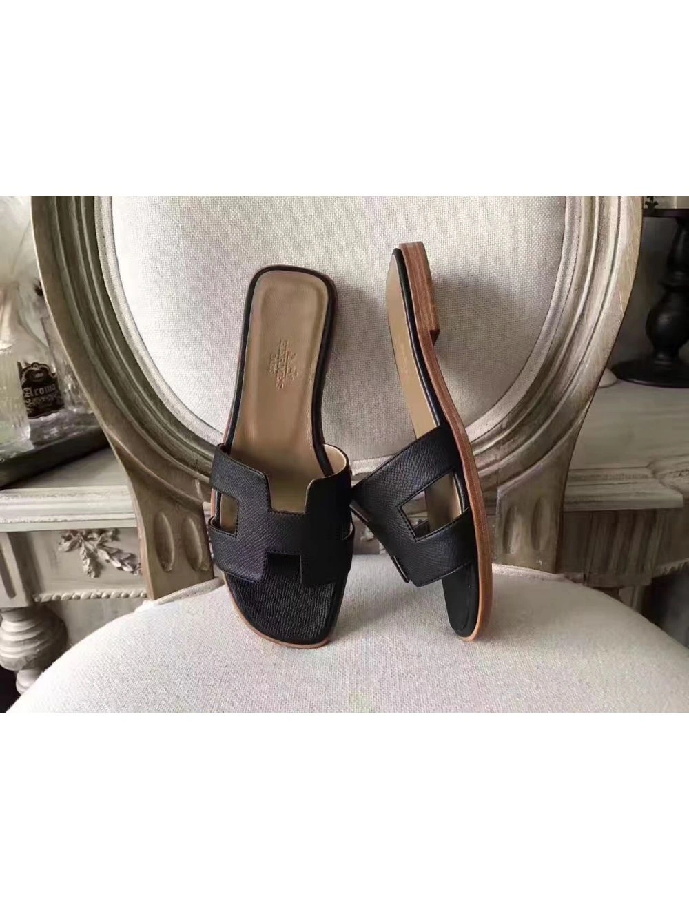 Hermes Oran Sandals In Black Epsom Leather