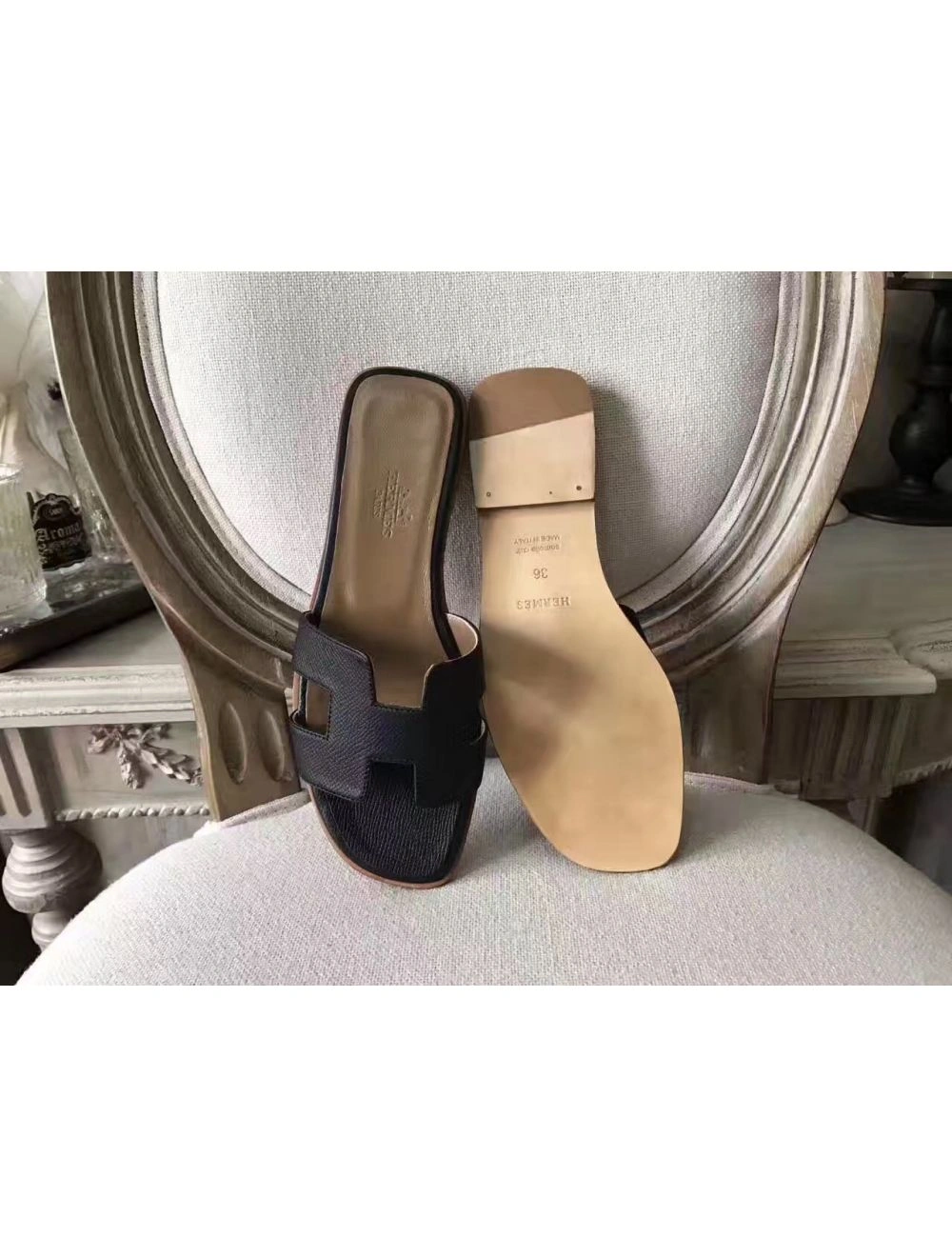 Hermes Oran Sandals In Black Epsom Leather