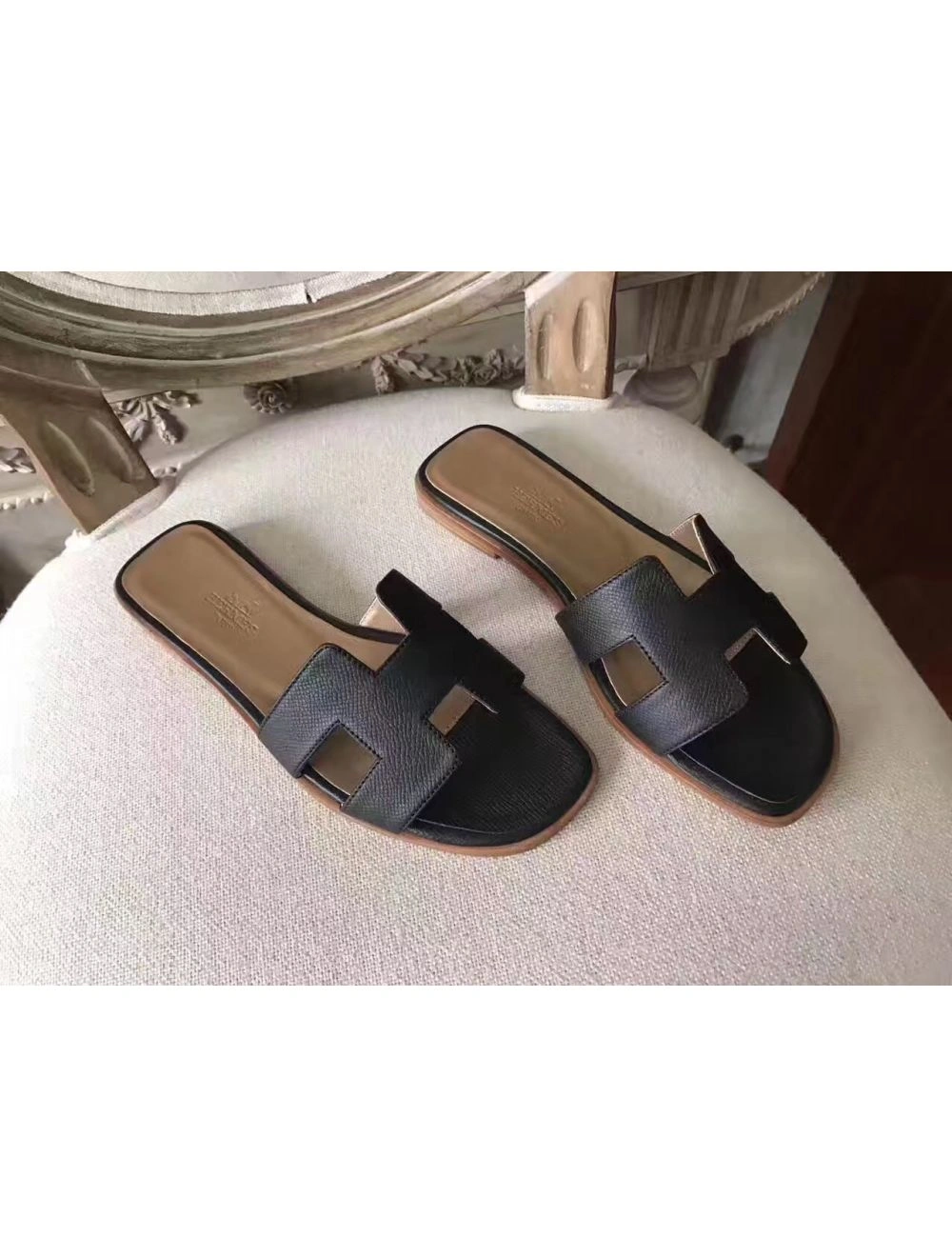 Hermes Oran Sandals In Black Epsom Leather