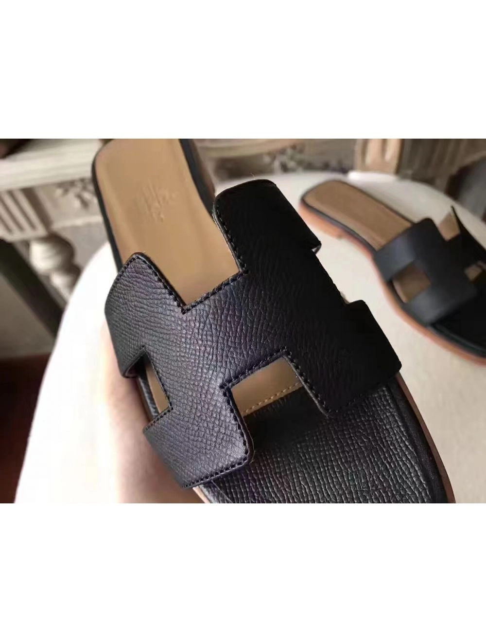 Hermes Oran Sandals In Black Epsom Leather