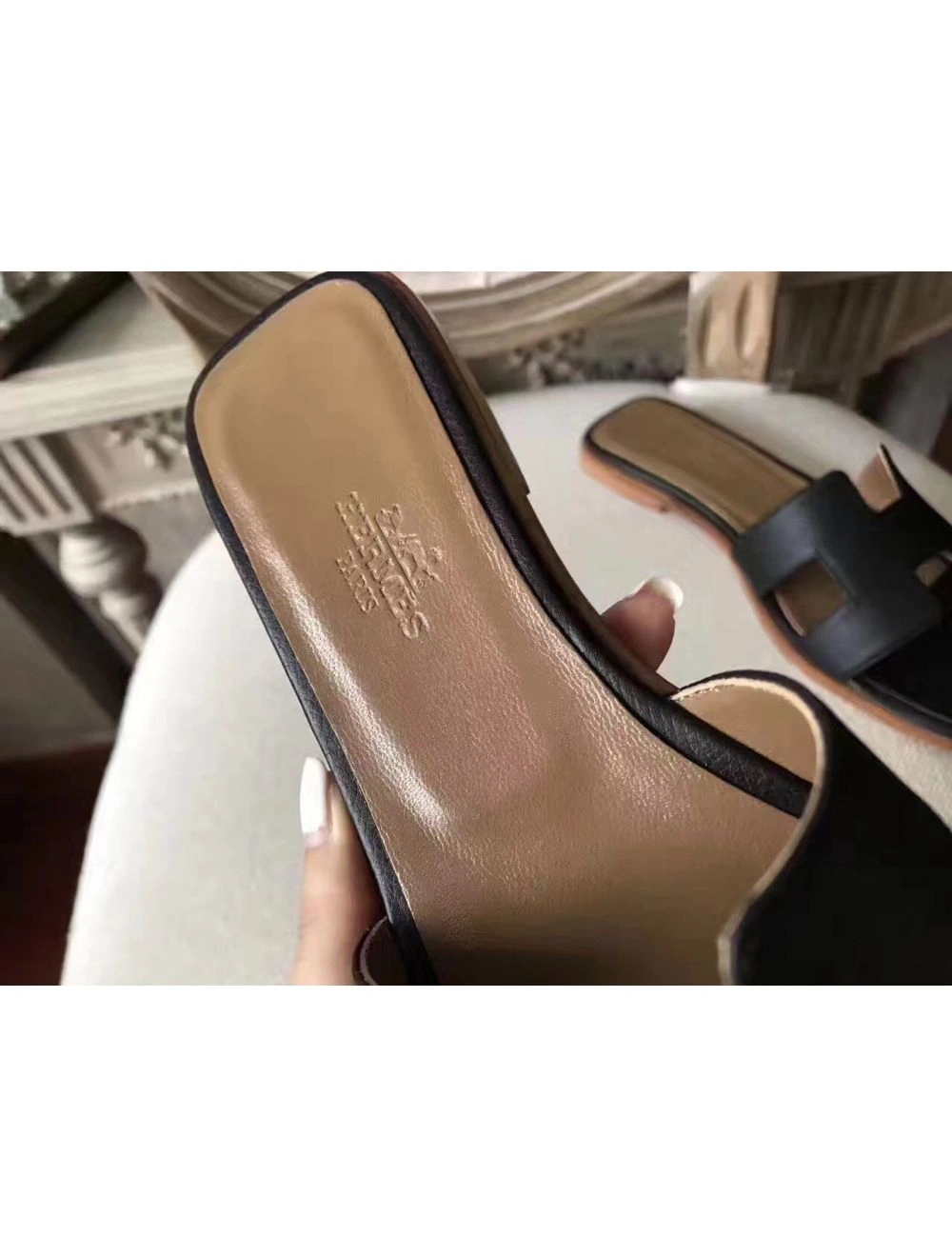 Hermes Oran Sandals In Black Epsom Leather