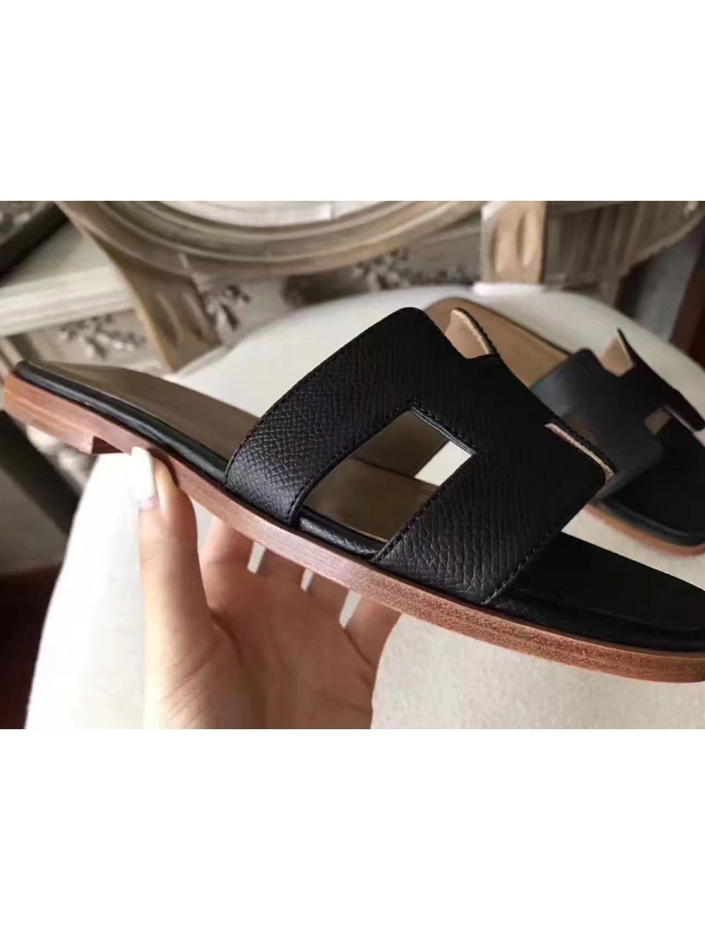 Hermes Oran Sandals In Black Epsom Leather