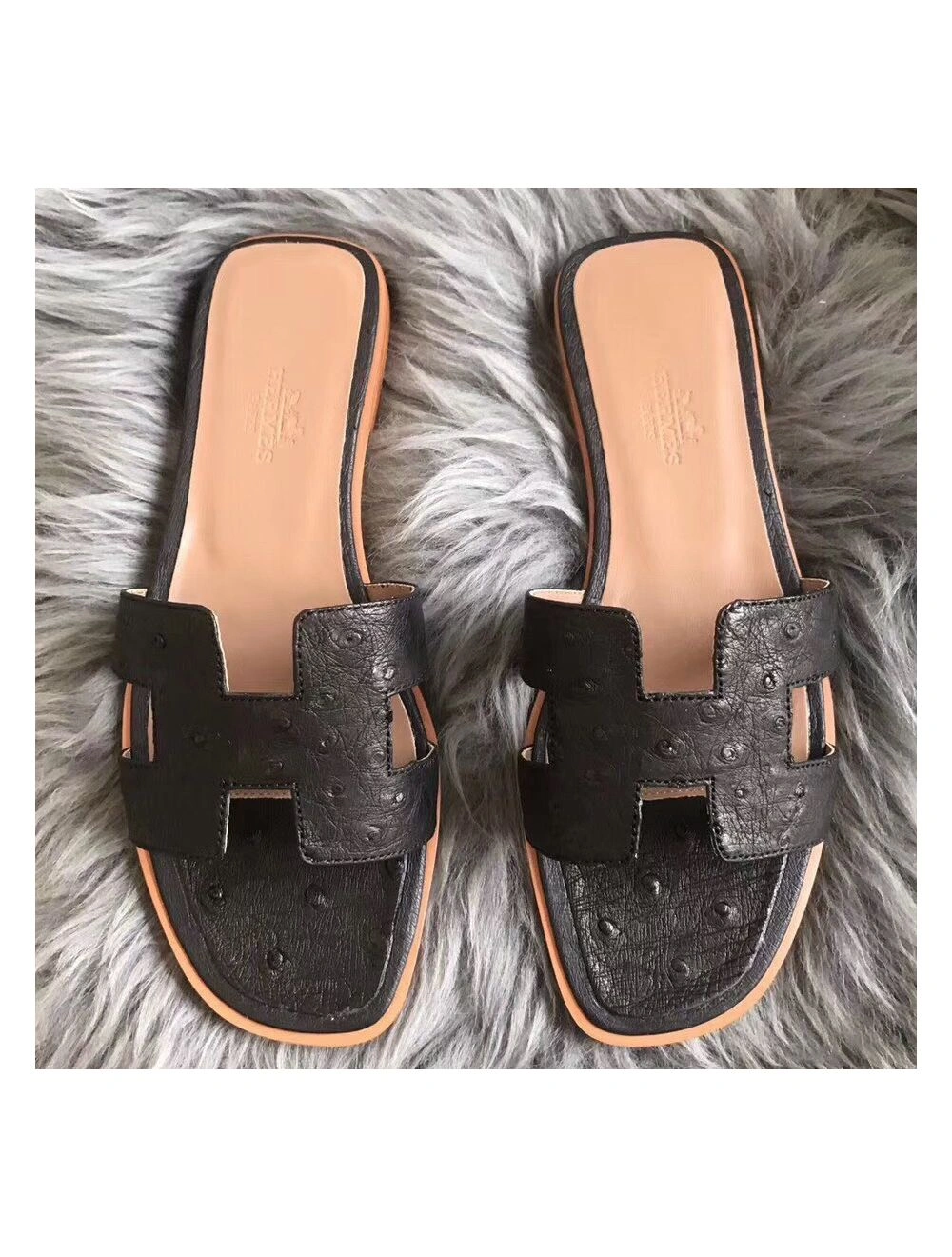 Hermes Oran Sandals In Black Ostrich Leather