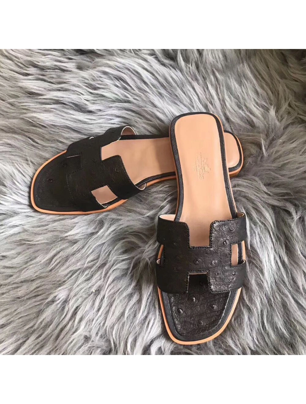 Hermes Oran Sandals In Black Ostrich Leather
