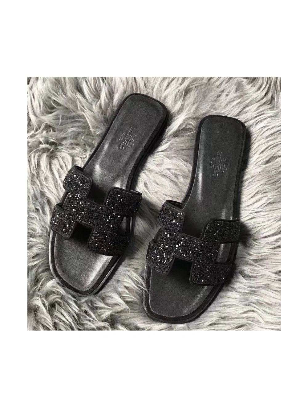 Hermes Oran Sandals In Black Suede With Black Crystal