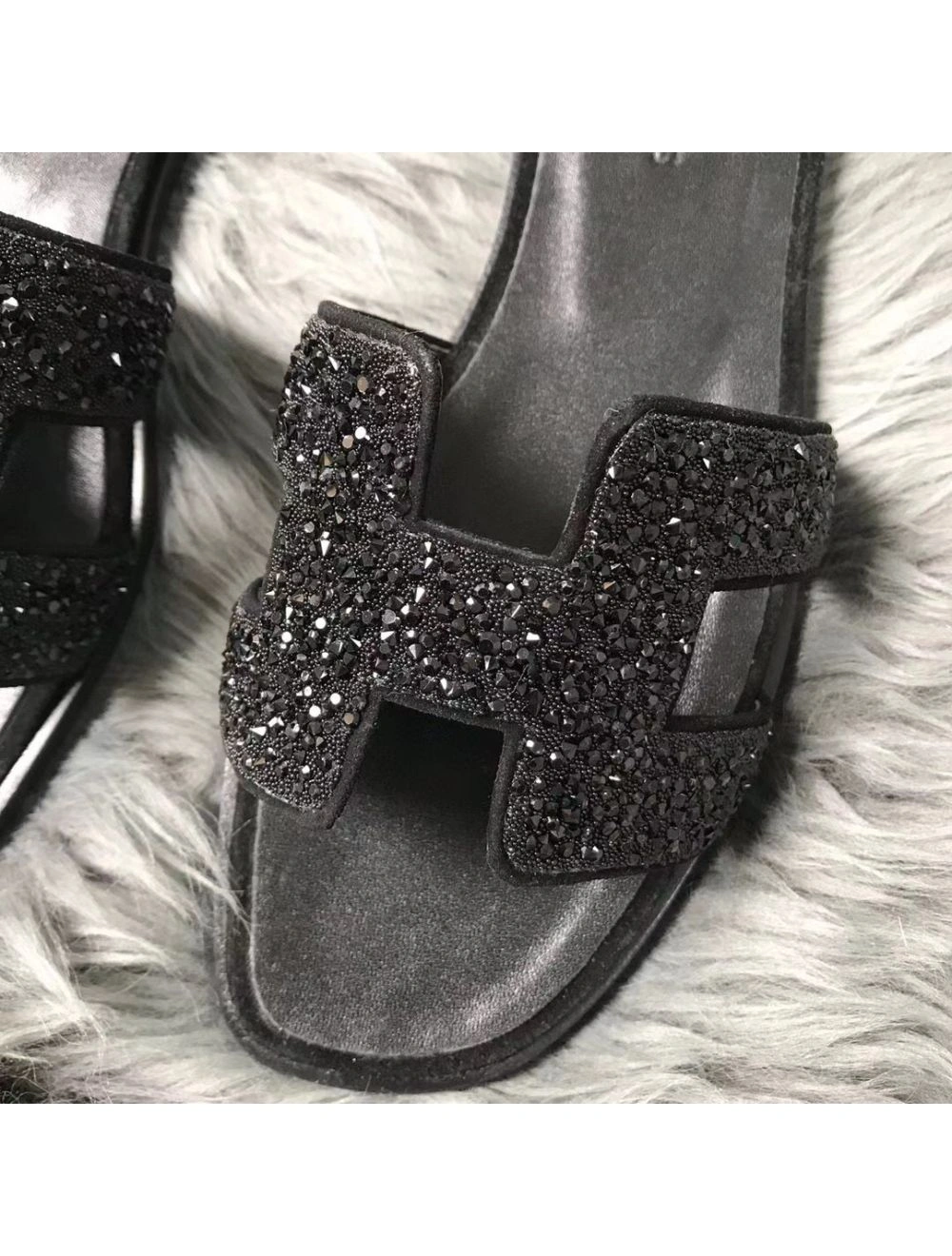 Hermes Oran Sandals In Black Suede With Black Crystal