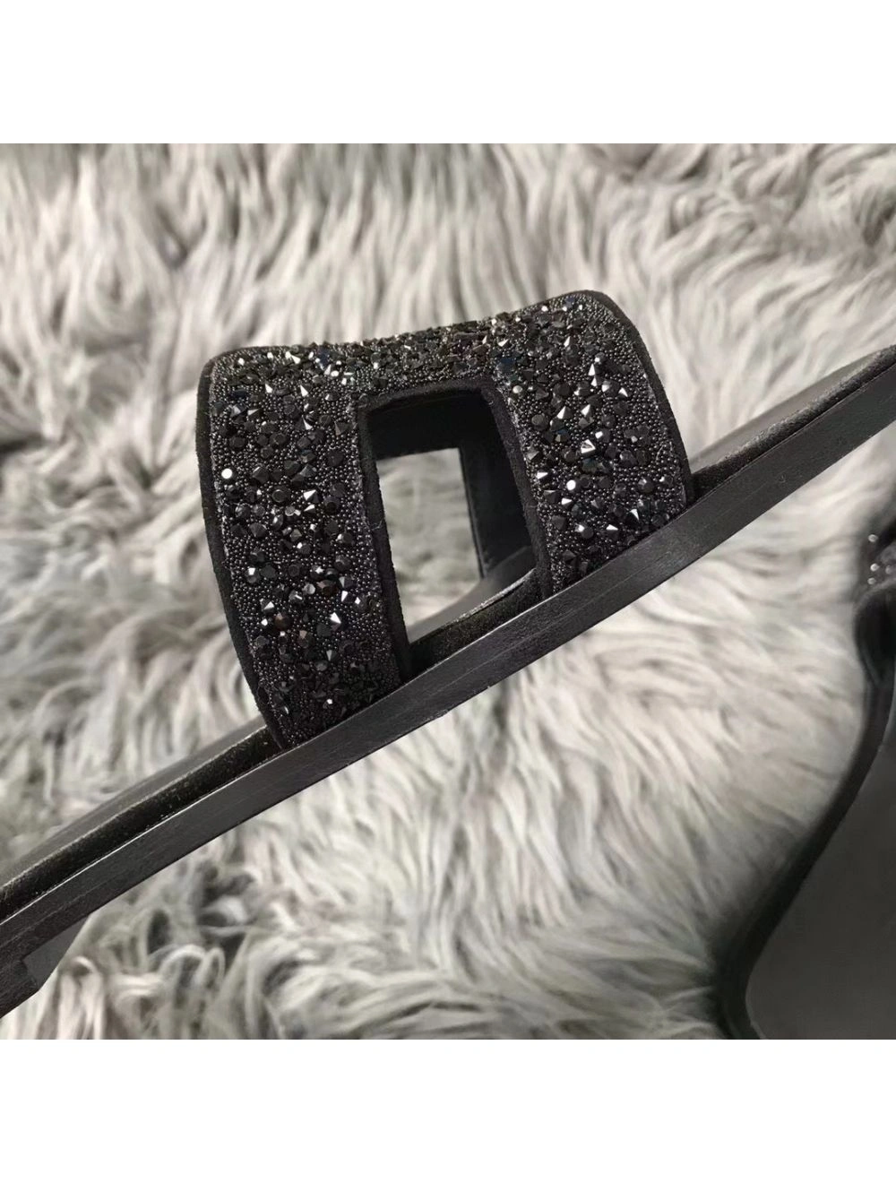 Hermes Oran Sandals In Black Suede With Black Crystal