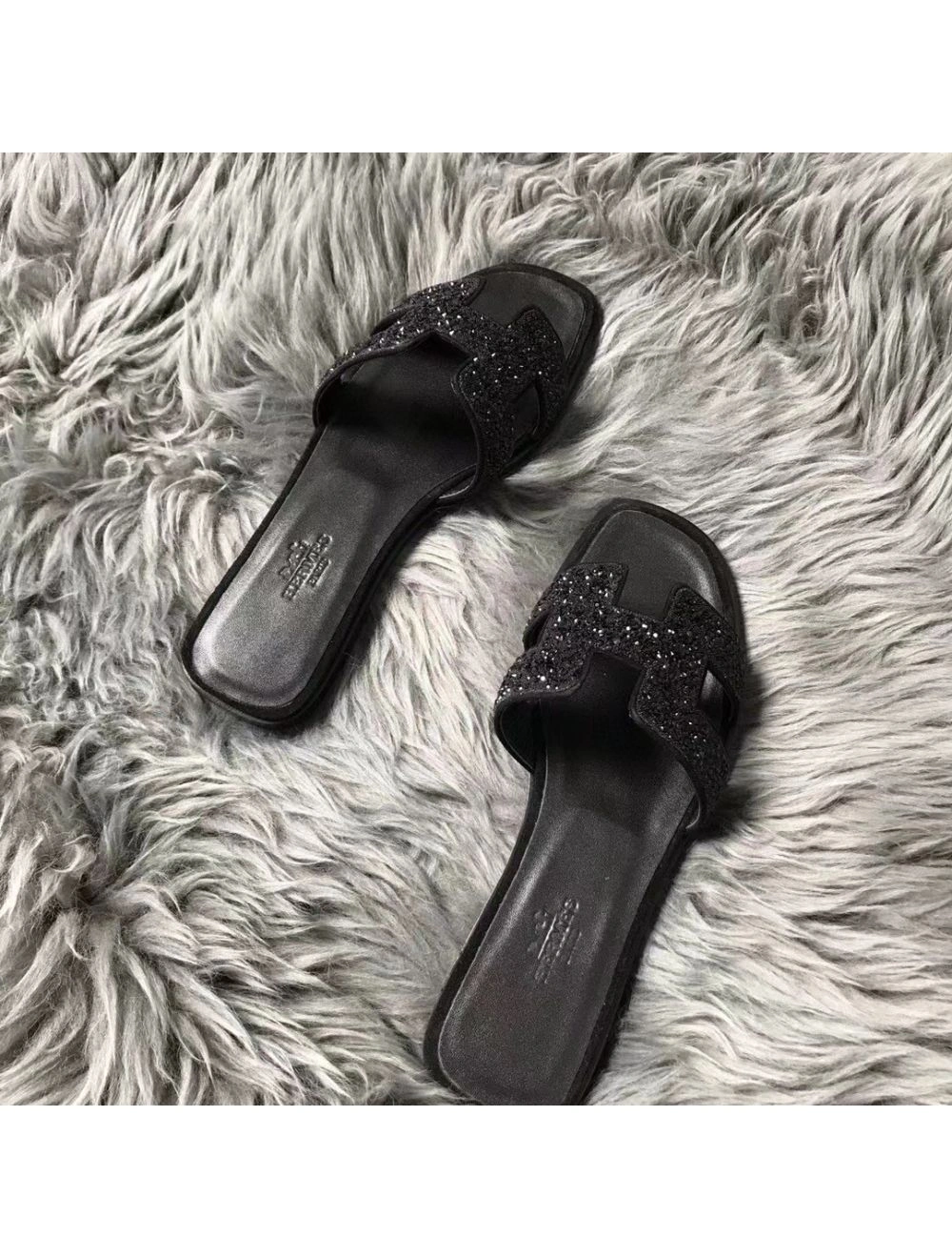 Hermes Oran Sandals In Black Suede With Black Crystal