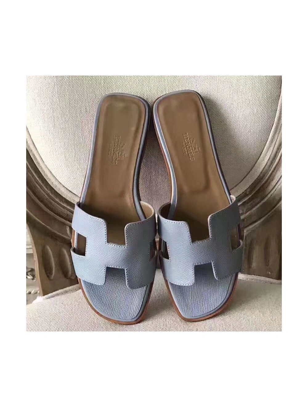 Hermes Oran Sandals In Blue Lin Epsom Leather