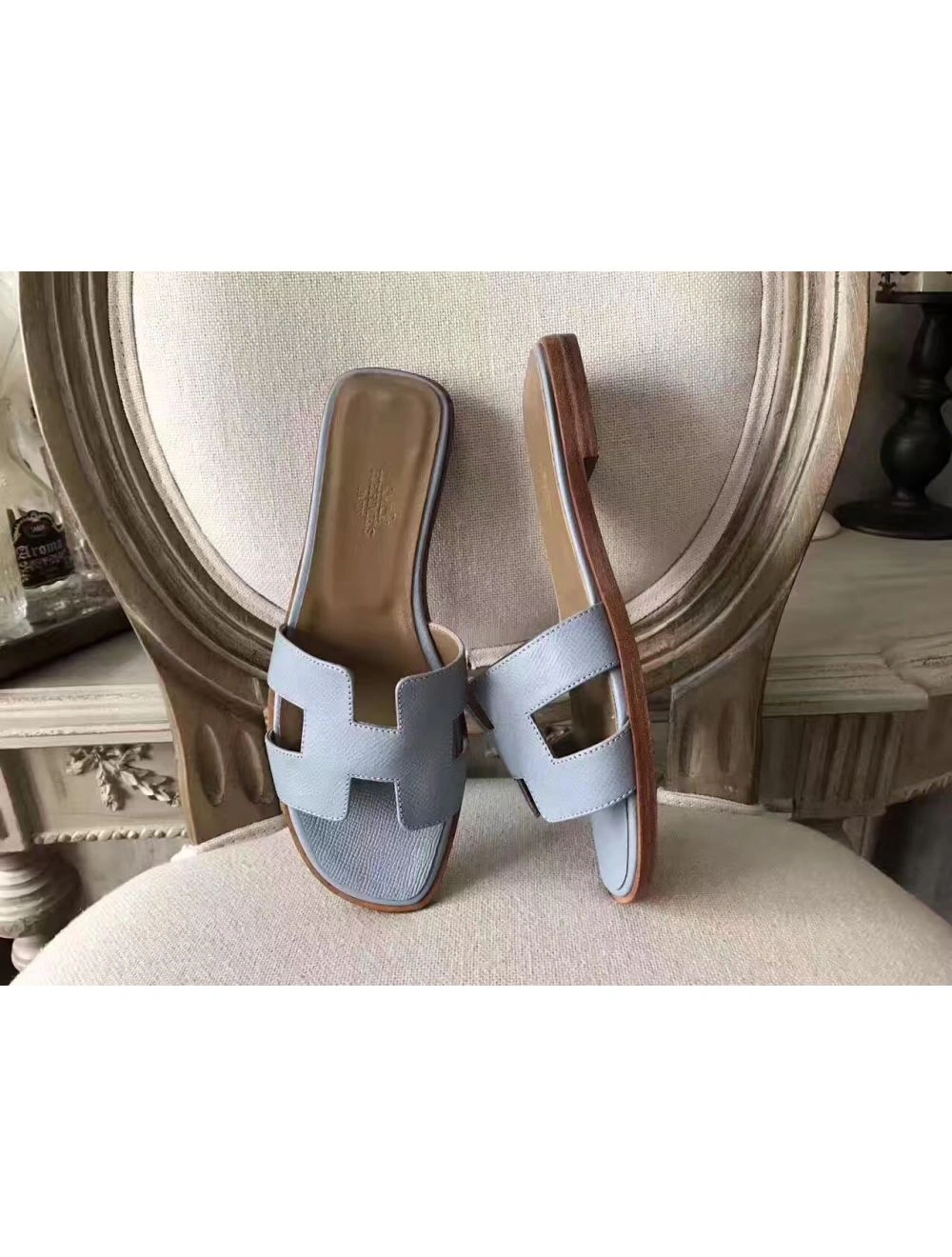 Hermes Oran Sandals In Blue Lin Epsom Leather