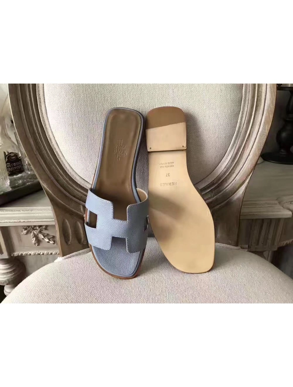 Hermes Oran Sandals In Blue Lin Epsom Leather