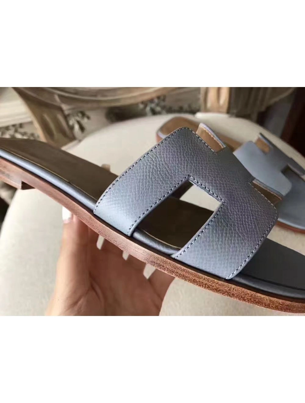 Hermes Oran Sandals In Blue Lin Epsom Leather