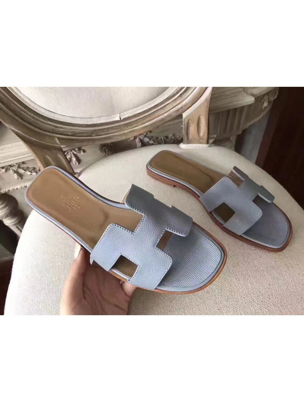 Hermes Oran Sandals In Blue Lin Epsom Leather