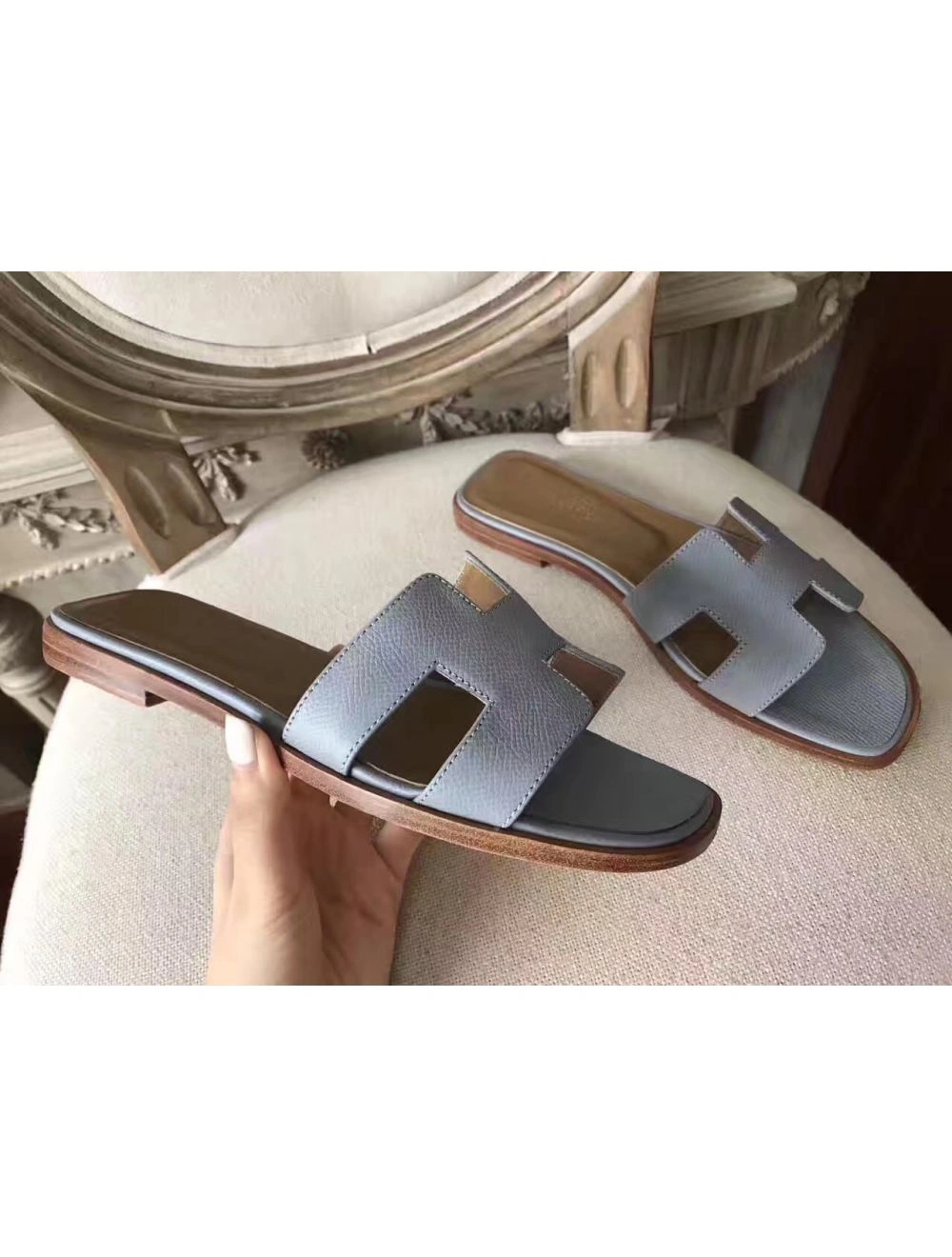 Hermes Oran Sandals In Blue Lin Epsom Leather