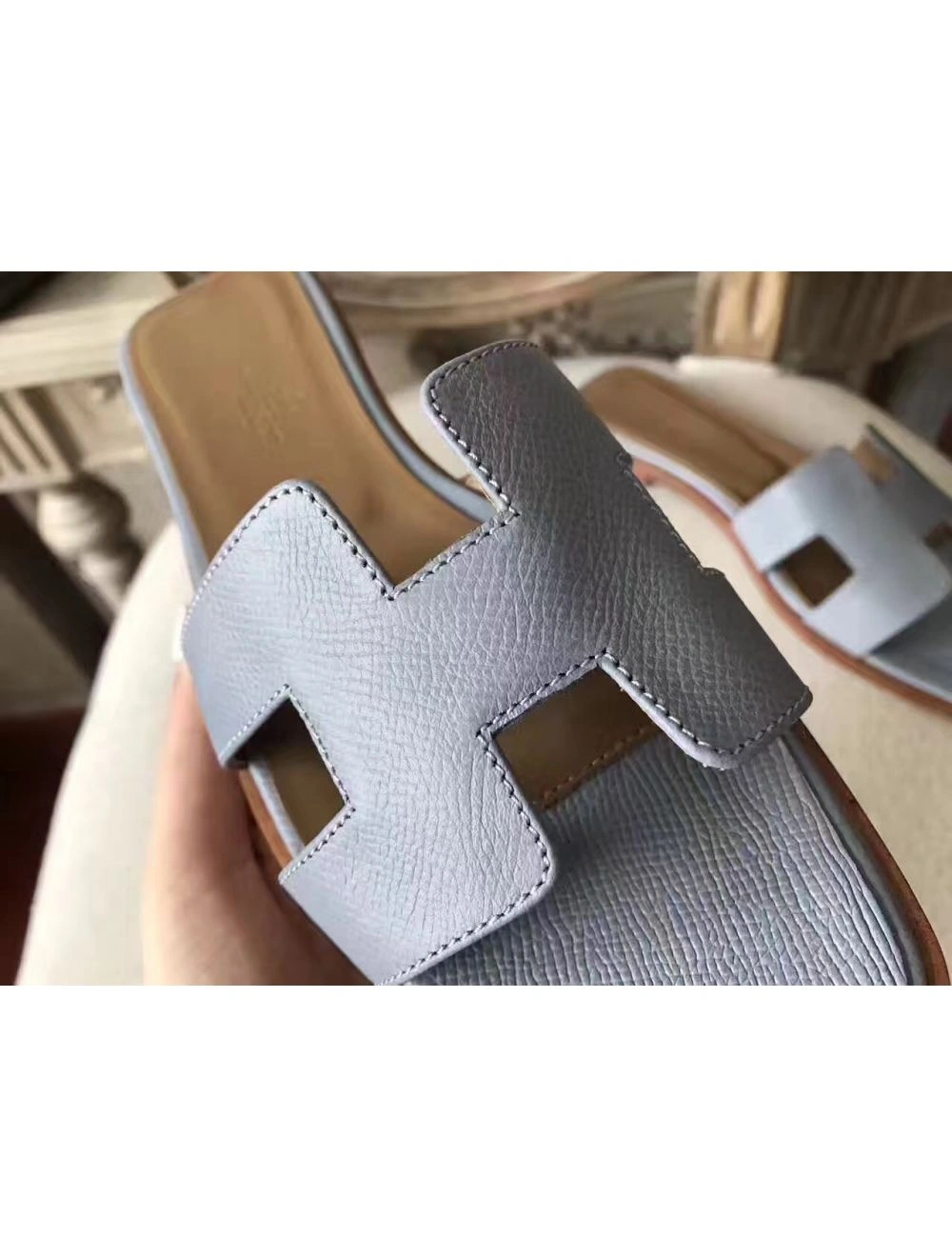 Hermes Oran Sandals In Blue Lin Epsom Leather