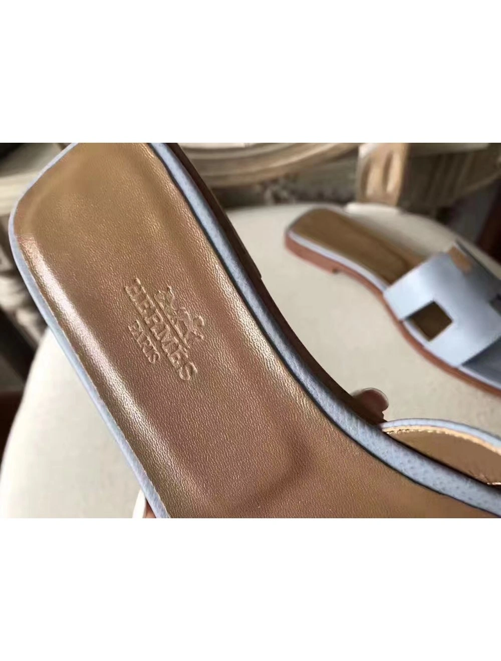 Hermes Oran Sandals In Blue Lin Epsom Leather