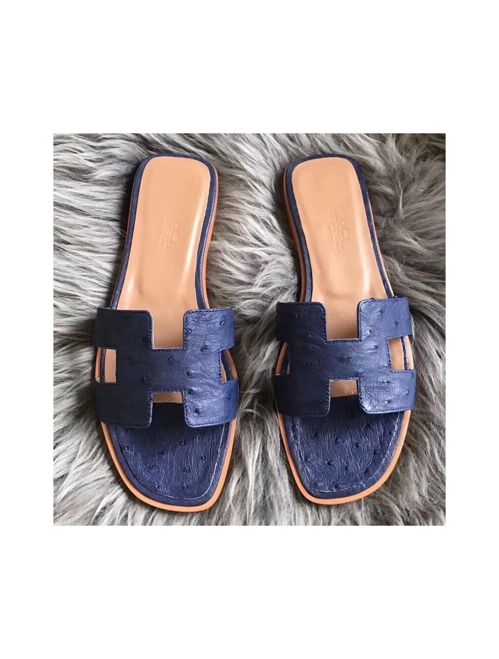 Hermes Oran Sandals In Blue Ostrich Leather