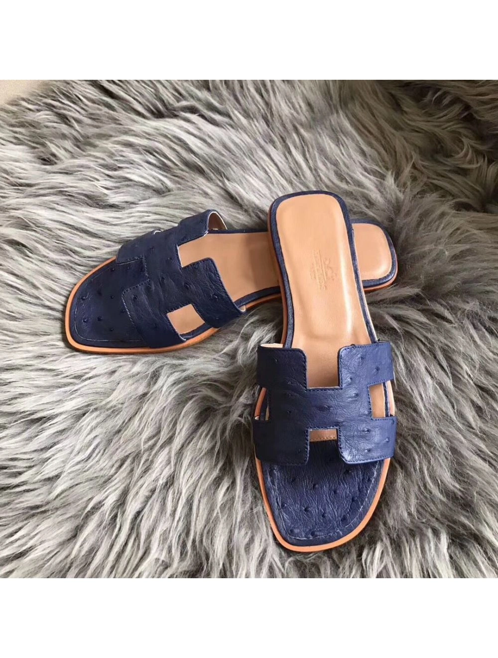 Hermes Oran Sandals In Blue Ostrich Leather