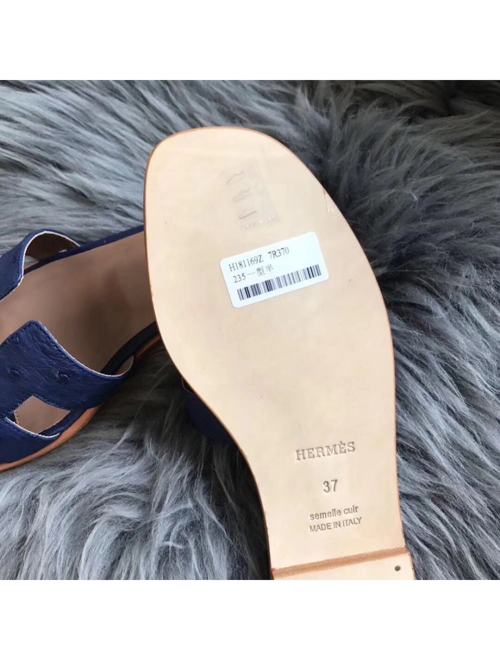 Hermes Oran Sandals In Blue Ostrich Leather