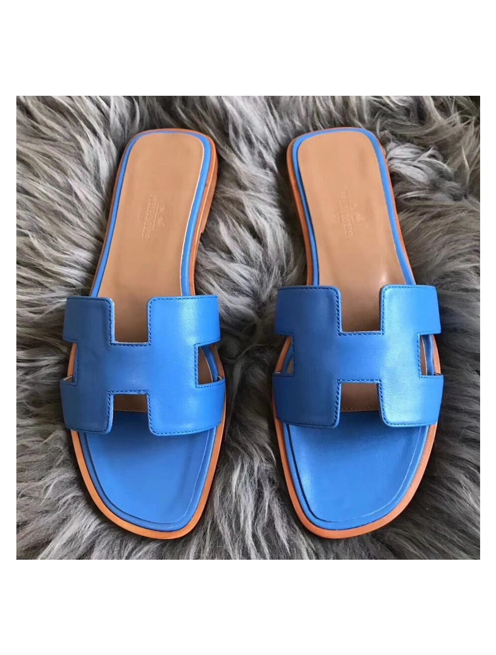 Hermes Oran Sandals In Blue Swift Leather