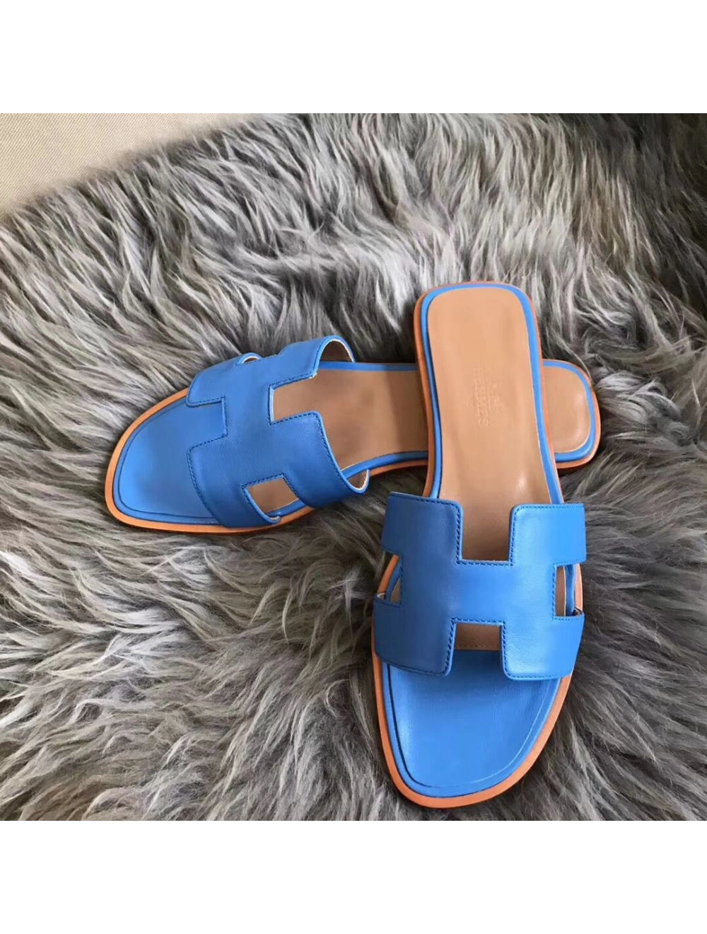 Hermes Oran Sandals In Blue Swift Leather