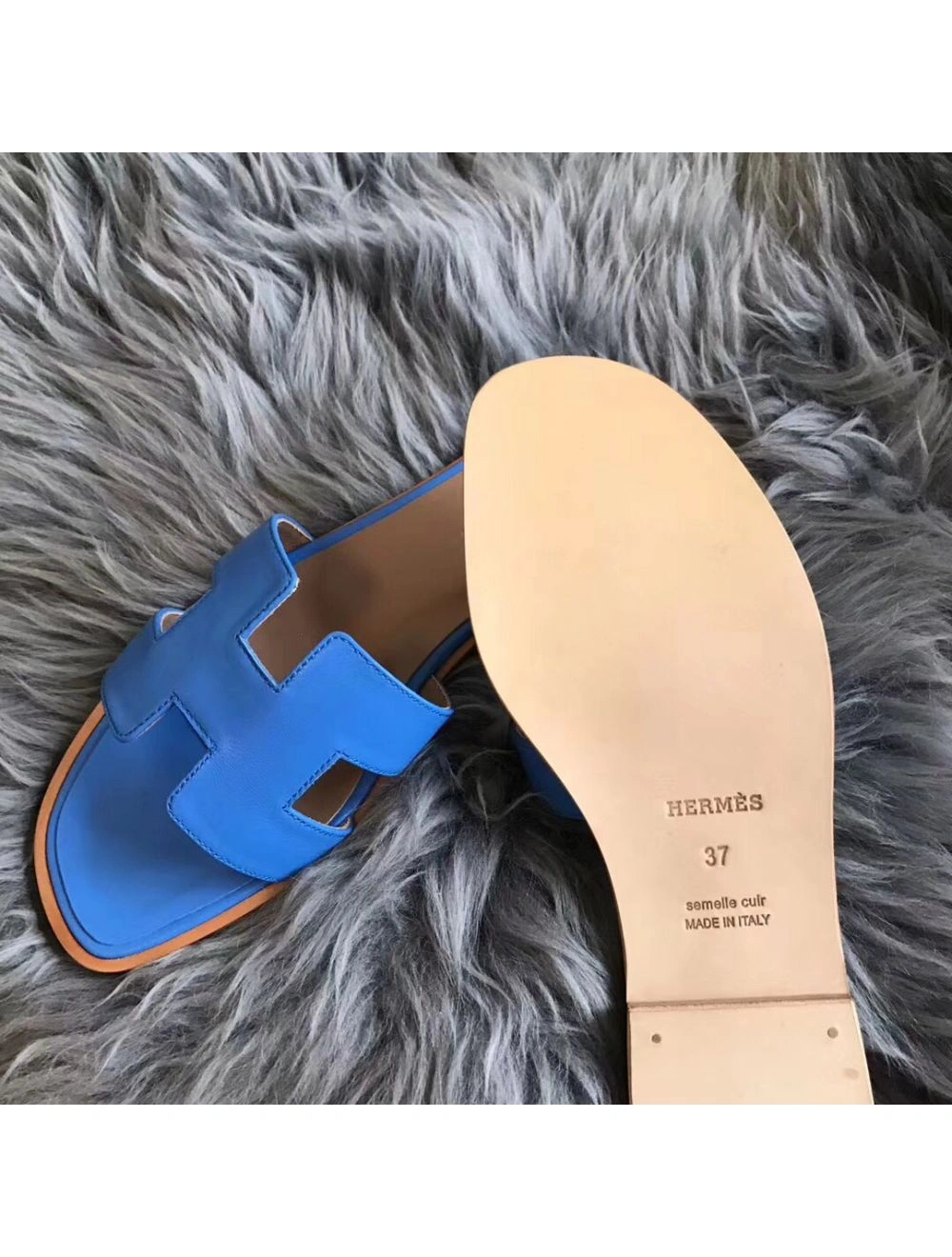 Hermes Oran Sandals In Blue Swift Leather