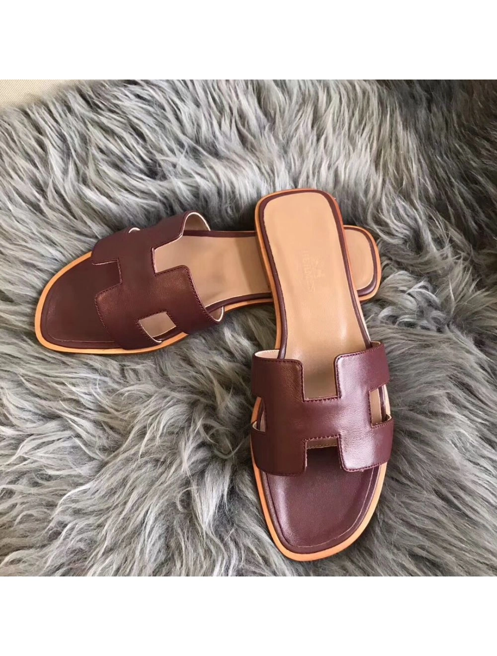Hermes Oran Sandals In Bordeaux Swift Leather