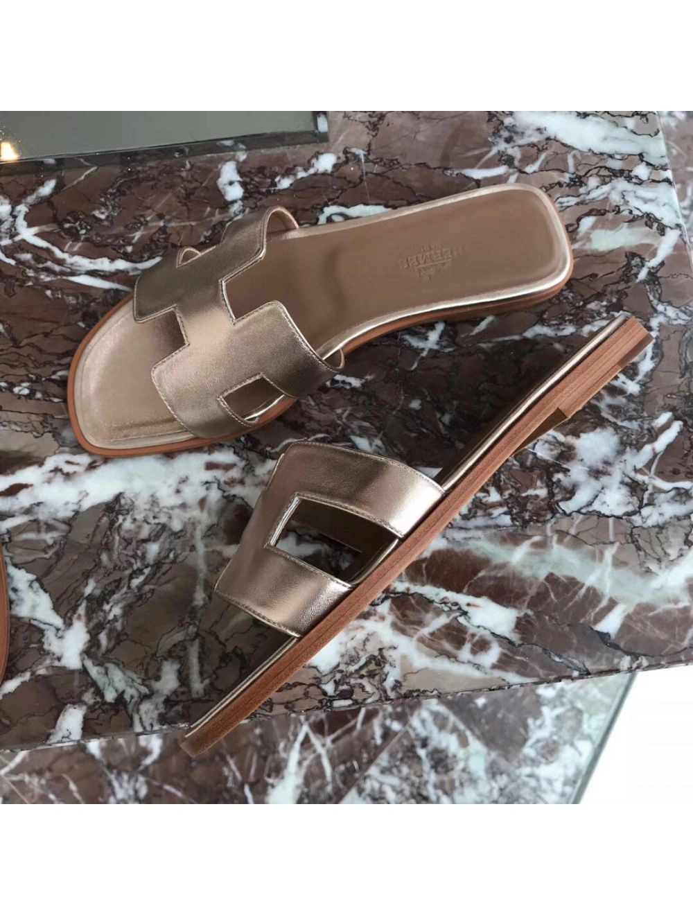 Hermes Oran Sandals In Champagne Swift Leather