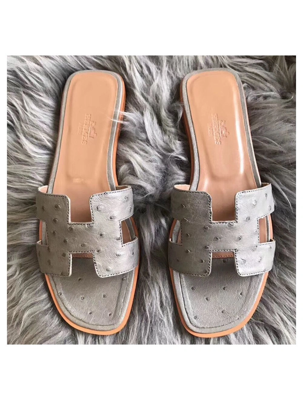 Hermes Oran Sandals In Grey Ostrich Leather