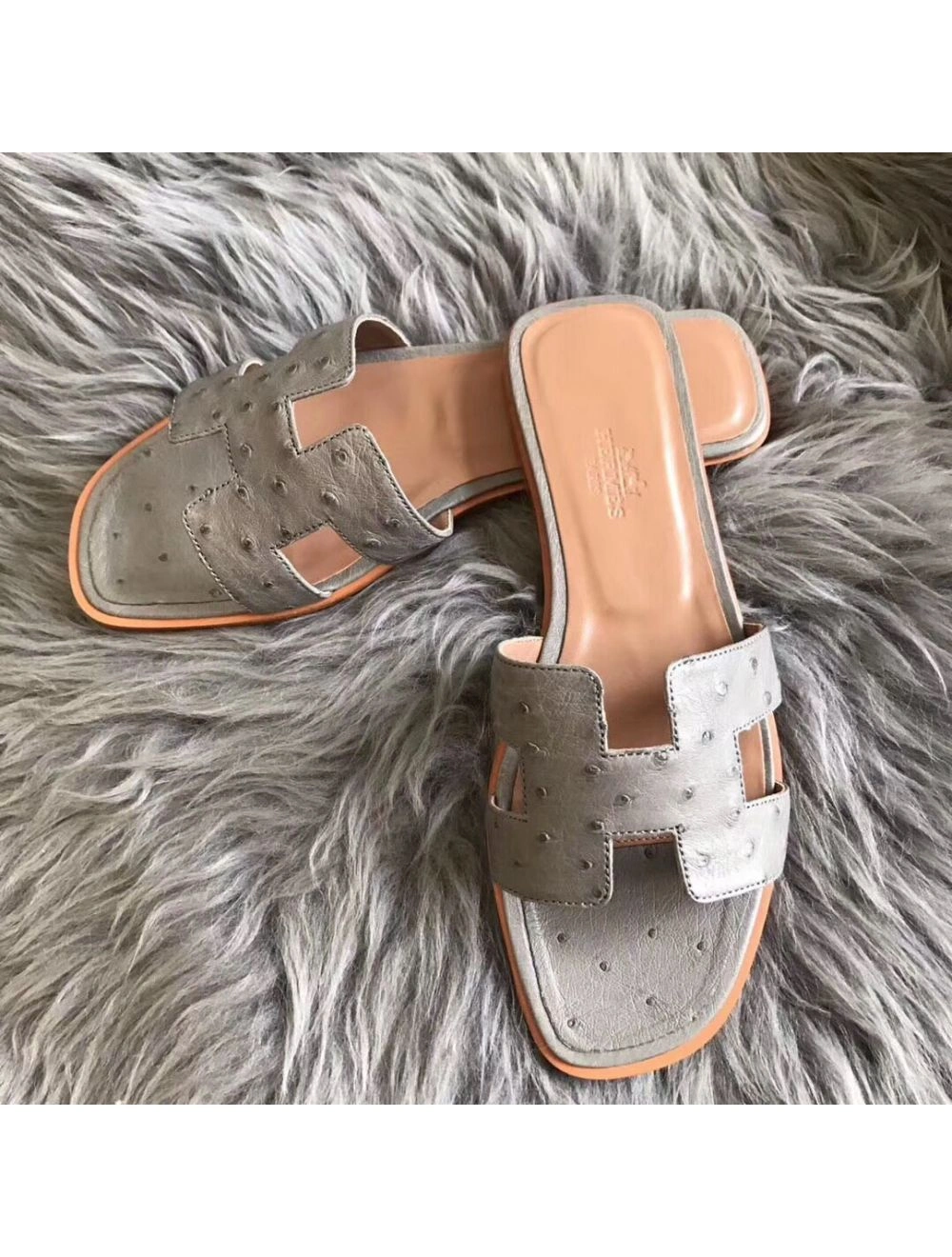 Hermes Oran Sandals In Grey Ostrich Leather
