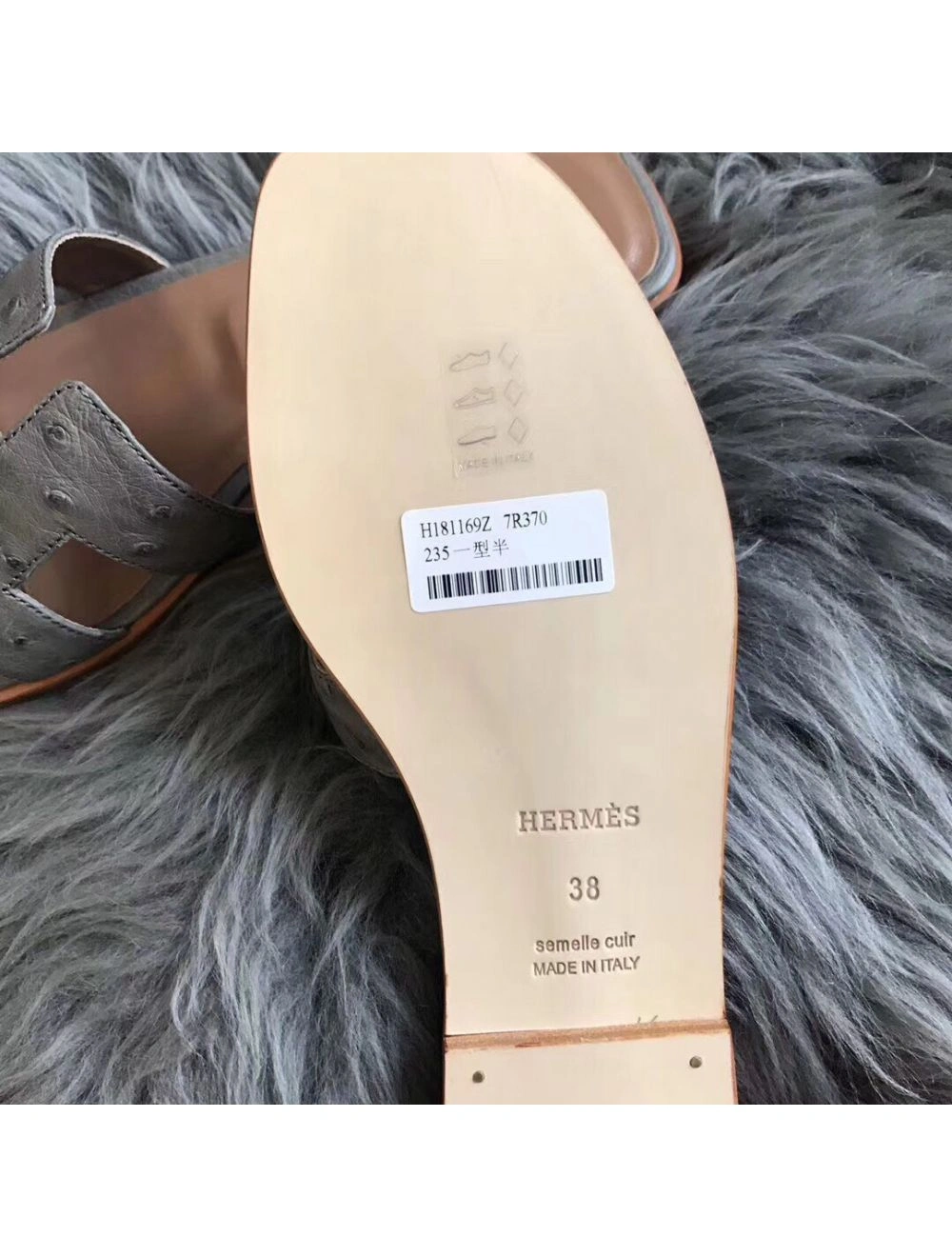 Hermes Oran Sandals In Grey Ostrich Leather