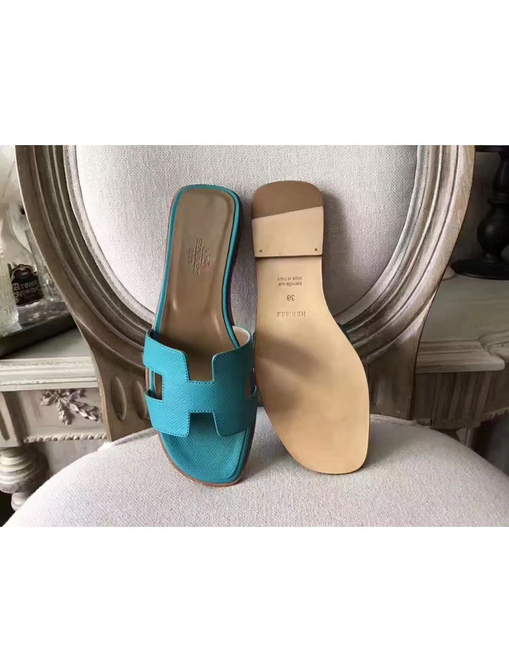 Hermes Oran Sandals In Lagon Epsom Leather