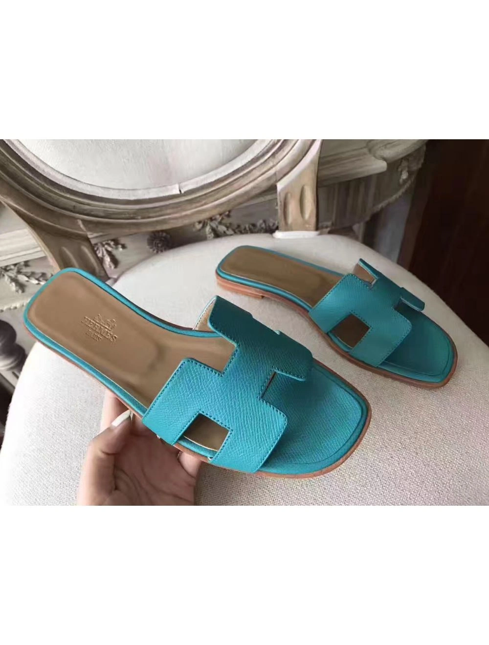 Hermes Oran Sandals In Lagon Epsom Leather