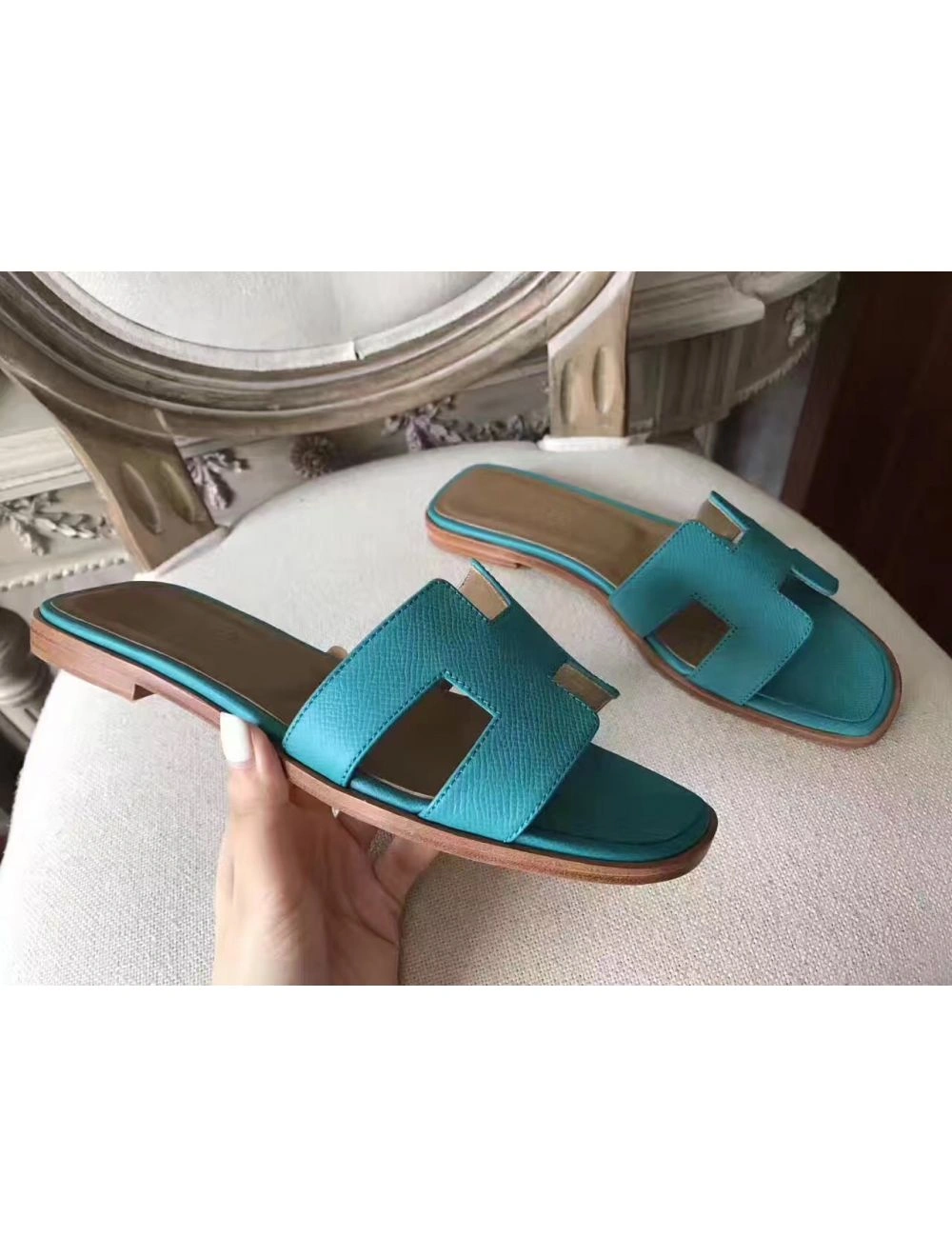 Hermes Oran Sandals In Lagon Epsom Leather