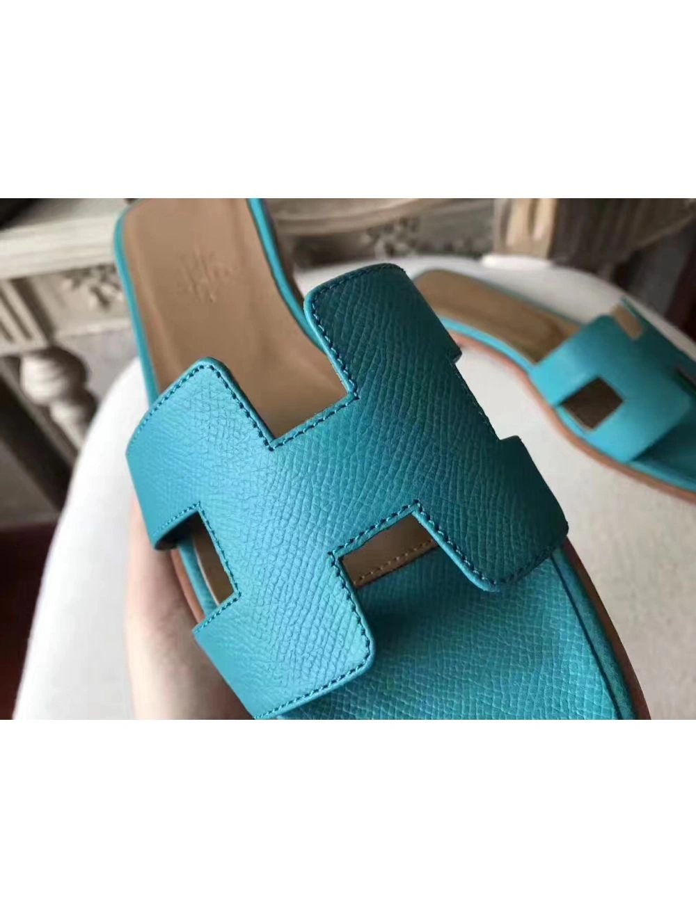 Hermes Oran Sandals In Lagon Epsom Leather