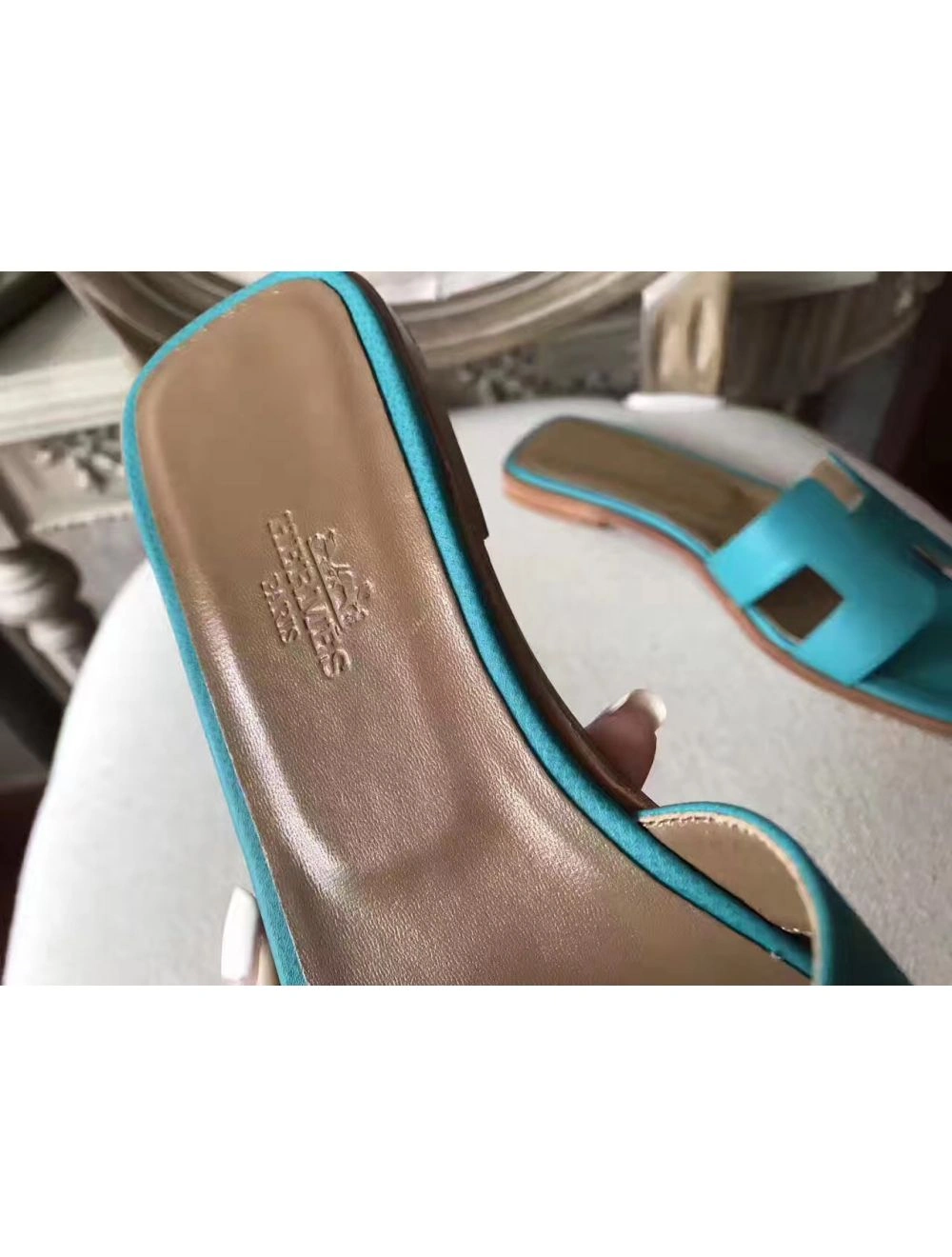 Hermes Oran Sandals In Lagon Epsom Leather