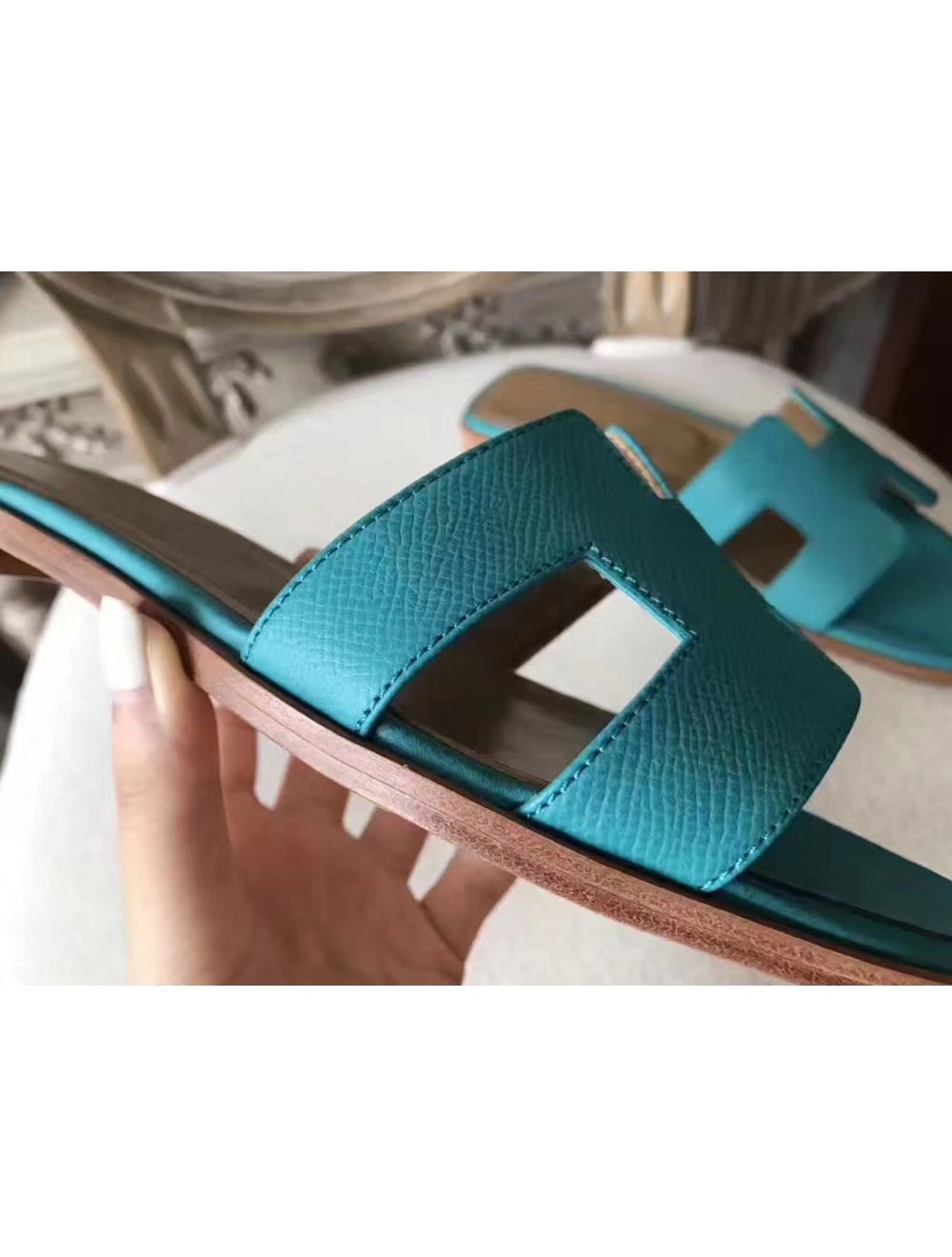 Hermes Oran Sandals In Lagon Epsom Leather