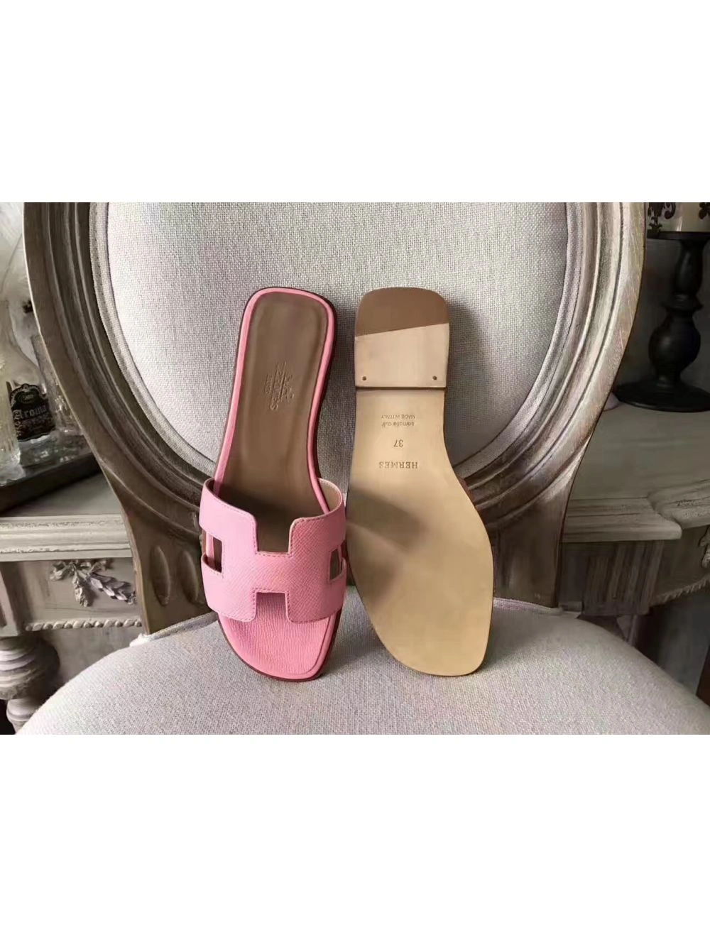 Hermes Oran Sandals In Pink Epsom Leather