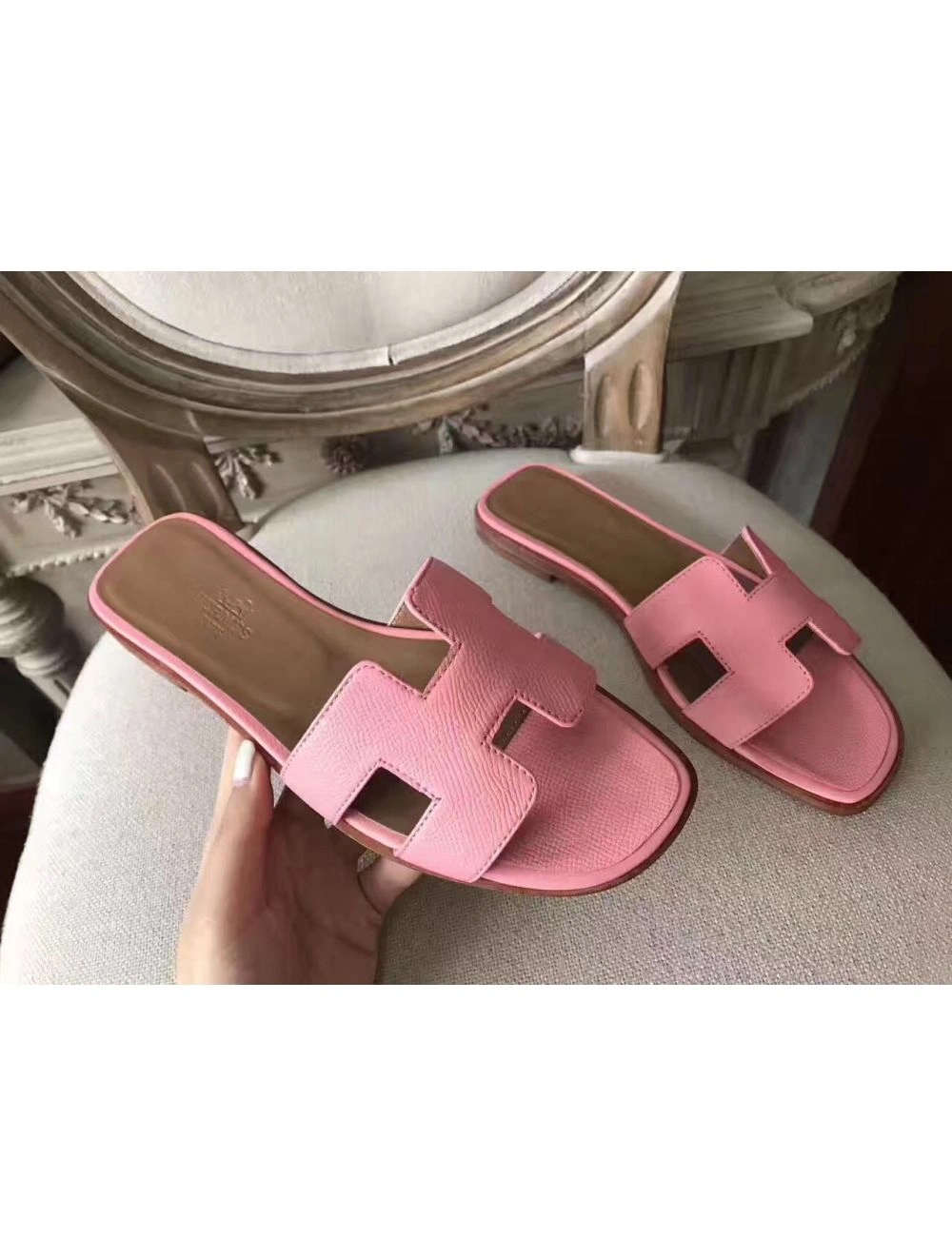 Hermes Oran Sandals In Pink Epsom Leather