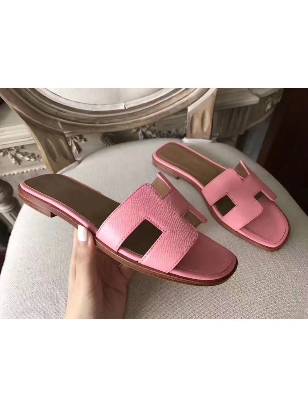 Hermes Oran Sandals In Pink Epsom Leather