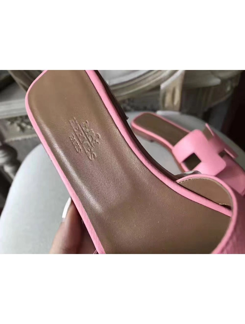 Hermes Oran Sandals In Pink Epsom Leather