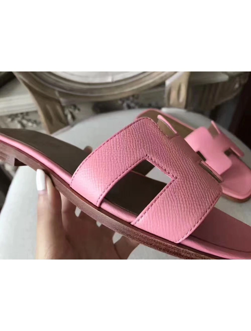 Hermes Oran Sandals In Pink Epsom Leather